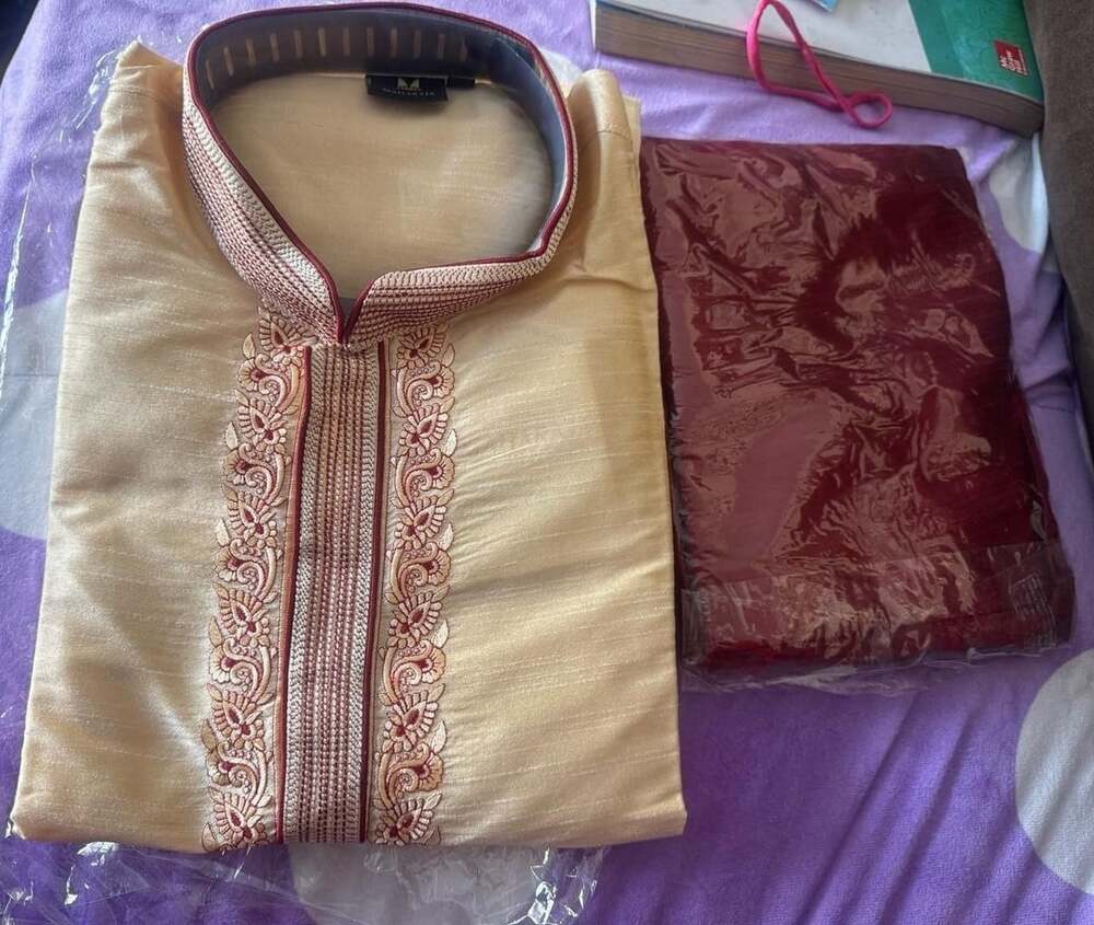 Maharaja Mens Raw Silk Kurta Set Size 48 Gold